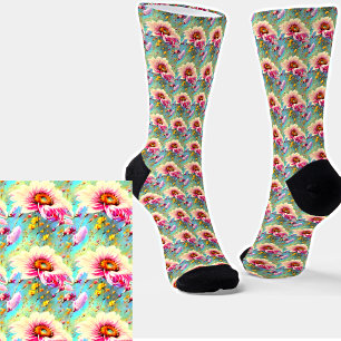Pink & Yellow Flowers Floral on Aqua Socks
