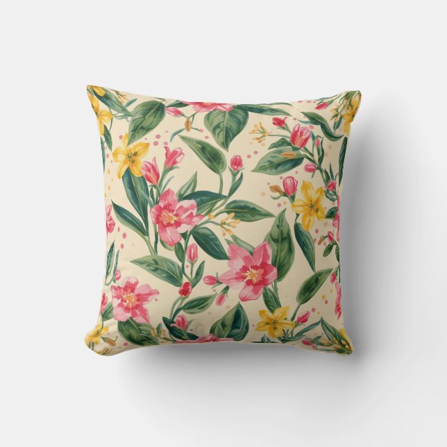 Pink Yellow Flowers, Florals,Shocking Pink Stripes Cushion (Front)