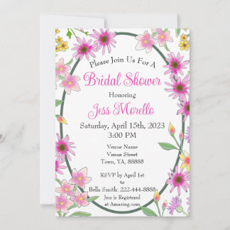 Pink Yellow Flowers Green Watercolor Bridal Shower Invitation