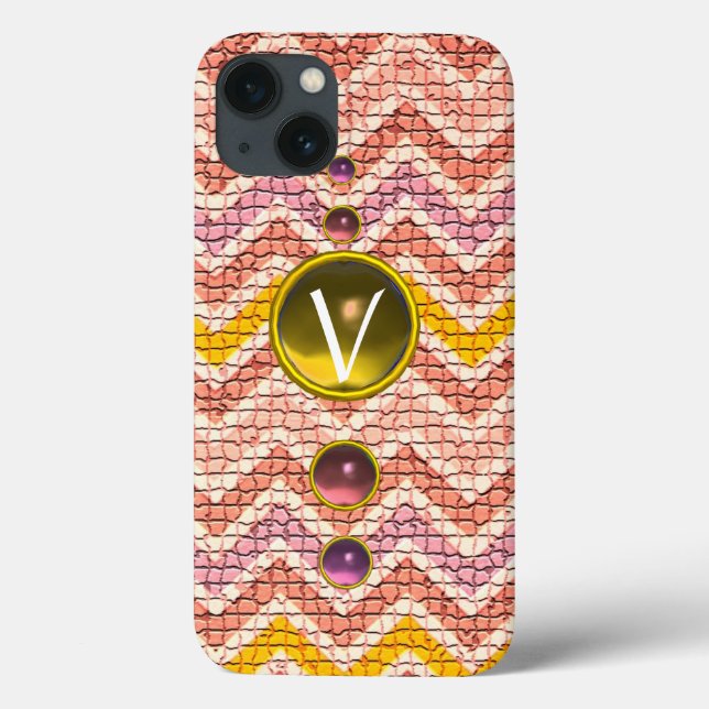 PINK YELLOW GEMSTONES AND MOSAIC CHEVRONS MONOGRAM Case-Mate iPhone CASE (Back)