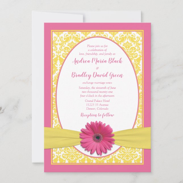 Pink Yellow Gerbera Daisy Wedding Invitation (Front)
