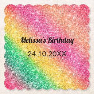 Pink Yellow Glitter Birthday Party Paper Coaster