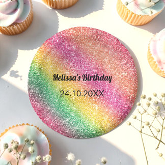 Pink Yellow Glitter Birthday Party Paper Plate