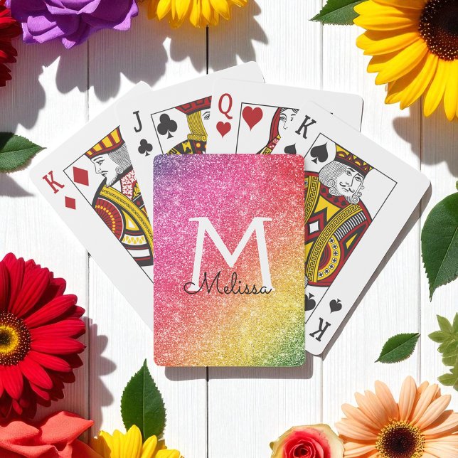 Pink Yellow Glitter Sparkle Gold Monogram Playing Cards (Creator Uploaded)