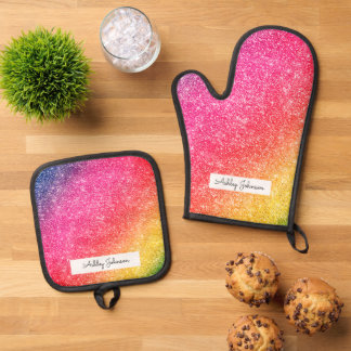 Pink Yellow Glitter Sparkle Pattern Oven Mitt & Pot Holder Set