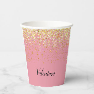 Pink Yellow Gold Glitter Monogram Name Paper Cups