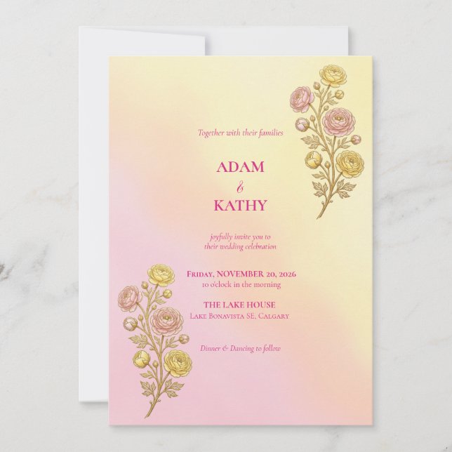 Pink Yellow Gradient Floral Wedding Invitation (Front)