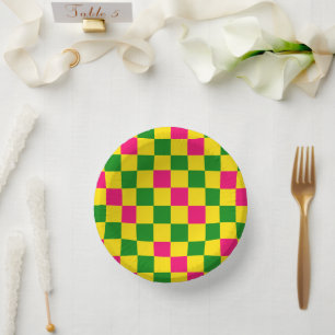 Pink Yellow Green Chequered Pattern Design  Paper Plate