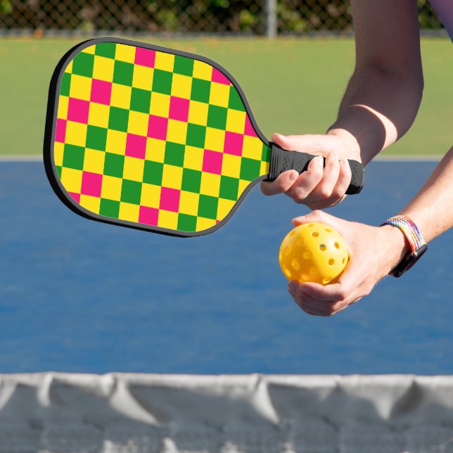 Pink Yellow Green Chequered Pattern Design  Pickleball Paddle (Insitu)