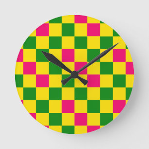 Pink Yellow Green Chequered Pattern Design Round Clock