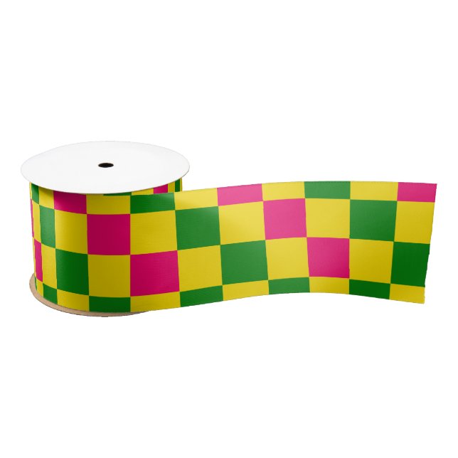 Pink Yellow Green Chequered Pattern Design  Satin Ribbon (Spool)