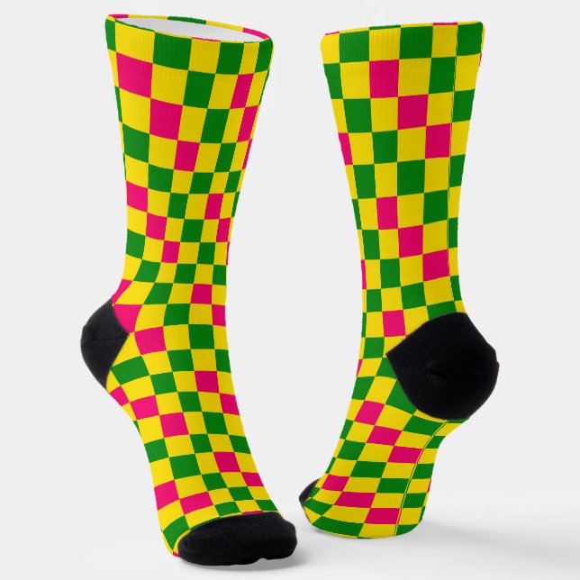 Pink Yellow Green Chequered Pattern Design  Socks (Angled)