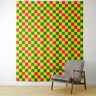 Pink Yellow Green Chequered Pattern Design Tapestry