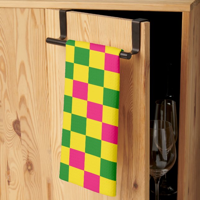 Pink Yellow Green Chequered Pattern Design  Tea Towel (Thirds Fold)