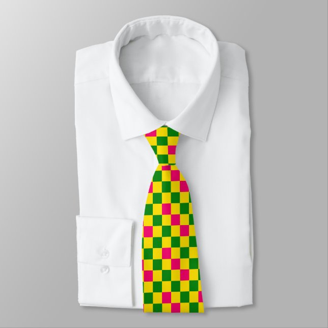 Pink Yellow Green Chequered Pattern Design  Tie (Tied)