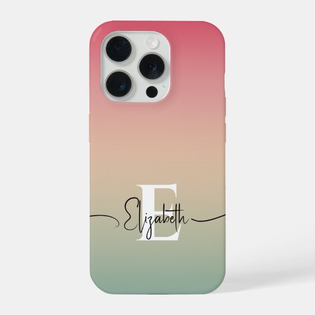 Pink Yellow & Green Gradient Script Name Monogram  iPhone Case (Back)