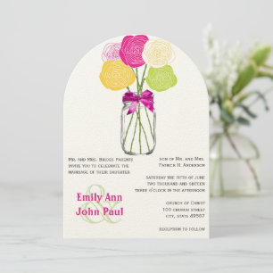 Pink Yellow Green Modern Mason Jar Floral Invite