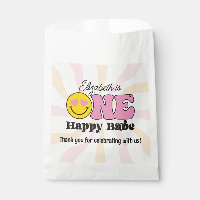 Pink Yellow Groovy One Happy Babe First Birthday Favour Bags (Front)