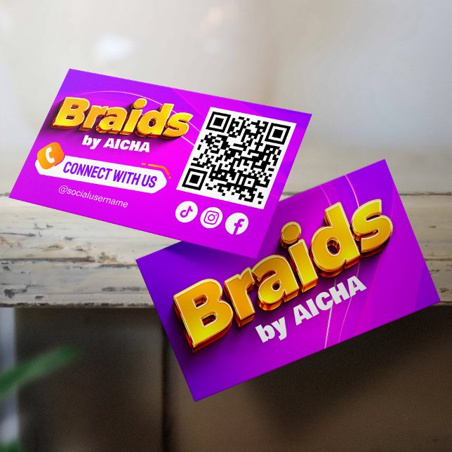 Pink, Yellow Hair Braiding Connect with us QR Code Business Card (Creator Uploaded)
