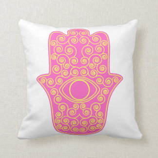 Pink Yellow Hamsa-Hand of Miriam-Hand of Fatima.pn Cushion