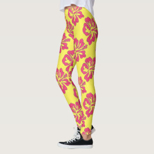 Pink Yellow Hawaiian Tropical Hibiscus Flower Leggings