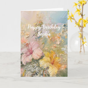 Pink Yellow Hibiscus Tropical Flowers Birthday Card