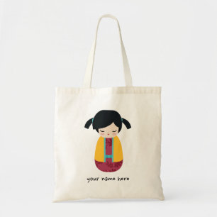 PINK YELLOW Kokeshi Doll Cute Japanese Geisha Tote Bag