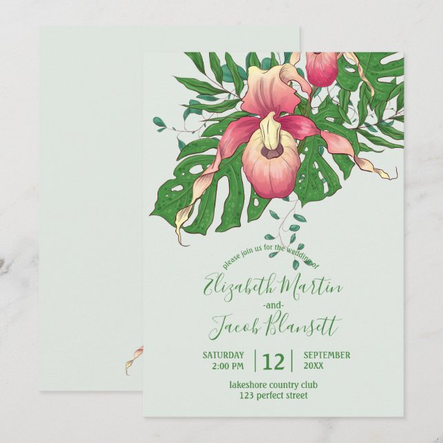 Pink/Yellow Lady Slipper Orchid Green Wedding Invitation (Front/Back)