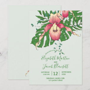 Pink/Yellow Lady Slipper Orchid Green Wedding Invitation