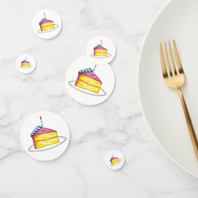 Pink Yellow Layer Happy Birthday Cake Slice Candle Confetti (Group)