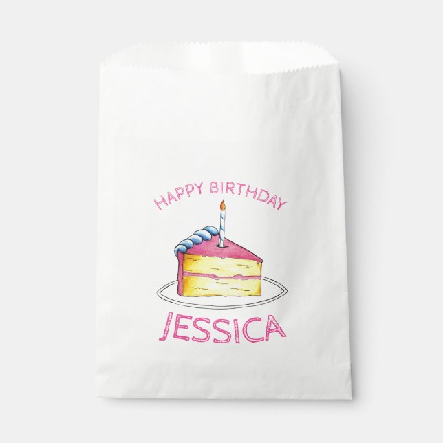 Pink Yellow Layer Happy Birthday Cake Slice Candle Favour Bags (Front)