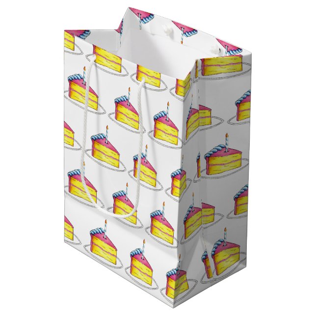 Pink Yellow Layer Happy Birthday Cake Slice Candle Medium Gift Bag (Front Angled)
