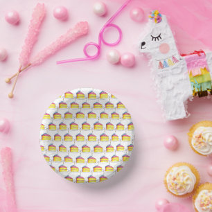 Pink Yellow Layer Happy Birthday Cake Slice Candle Paper Plate