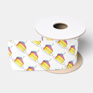 Pink Yellow Layer Happy Birthday Cake Slice Candle Satin Ribbon