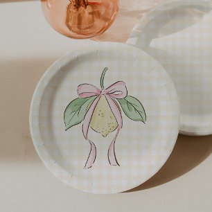 Pink & Yellow Lemon Bow Baby Shower Paper Plate