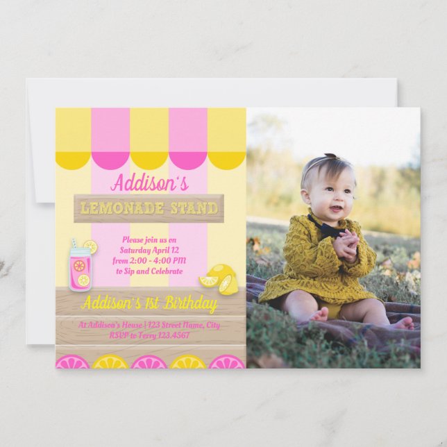 Pink Yellow Lemonade Stand First Birthday Photo Invitation (Front)