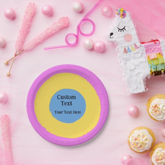 Pink Yellow Light Blue Vibrant Design Custom Text Paper Plate (Party)