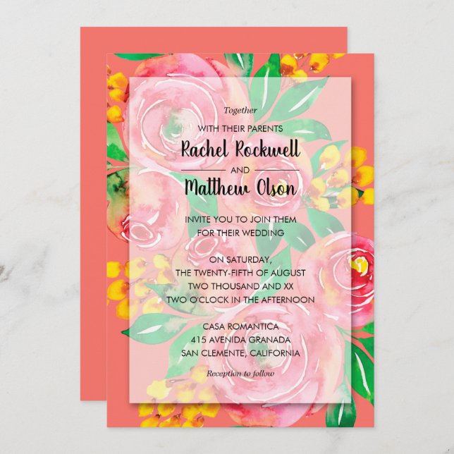 Pink, Yellow, Living Coral Floral Wedding Invites (Front/Back)