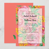 Pink, Yellow, Living Coral Floral Wedding Invites