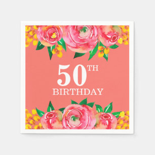 Pink Yellow Living Coral Watercolor Floral Napkin