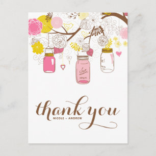 Pink & Yellow Mason Jars Floral Thank You Postcard