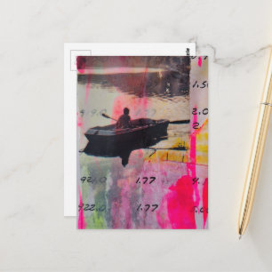 Pink Yellow Mixed Media Collage A Vintage Boat Postcard