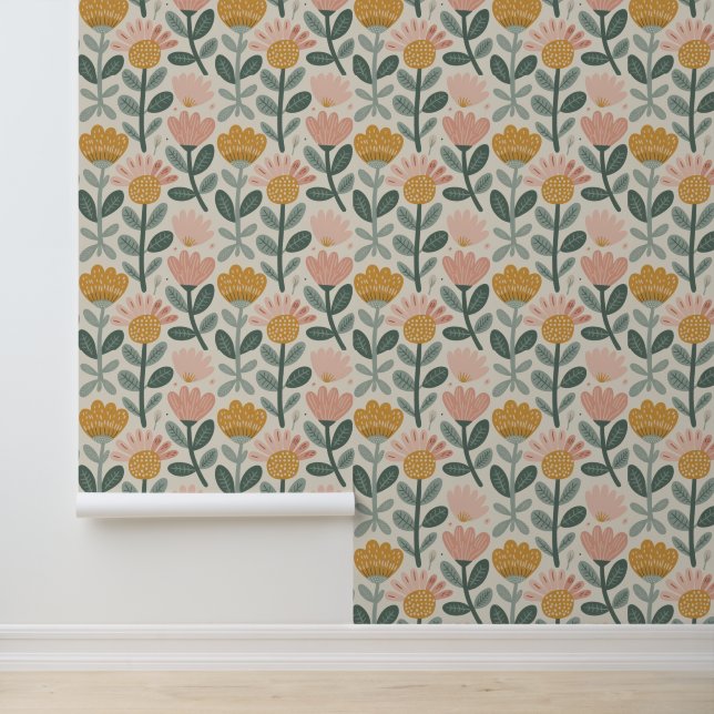 Pink Yellow Modern Floral Wallpaper (Application)