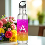Pink Yellow Monogram Rainbow Sparkle   710 Ml Water Bottle<br><div class="desc">Pink Yellow Sparkle Water Bottle with Pink,  Yellow,  Green Glitter and Option to add name,  monogram.  More products with this design are in the collection below.</div>