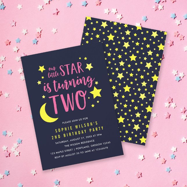 Pink Yellow Moon and Stars 2nd Birthday Invitation (Creator Uploaded)