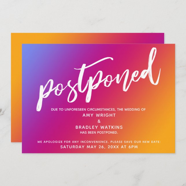 Pink Yellow Ombre Gradient Wedding Postponed Card (Front/Back)