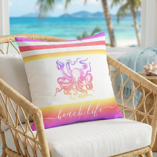 Pink yellow ombre octopus modern beach life script cushion