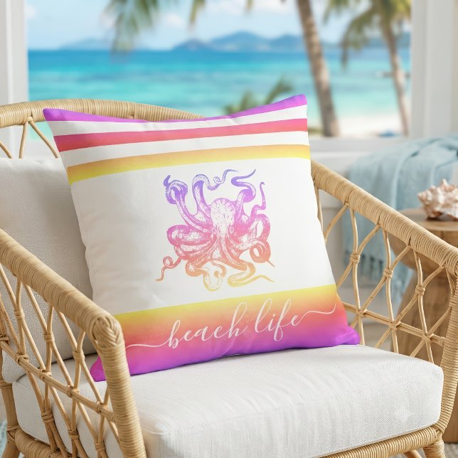 Pink yellow ombre octopus modern beach life script cushion (Creator Uploaded)