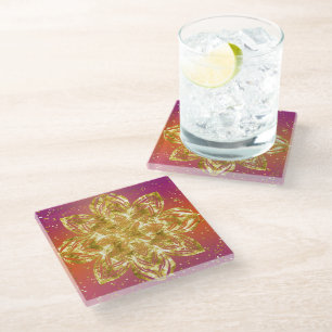 PINK & YELLOW OMBRE WITH GOLD MANDALA GLASS COASTER