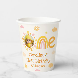 Pink Yellow One Sun Birthday Girl Party Photo Paper Cups